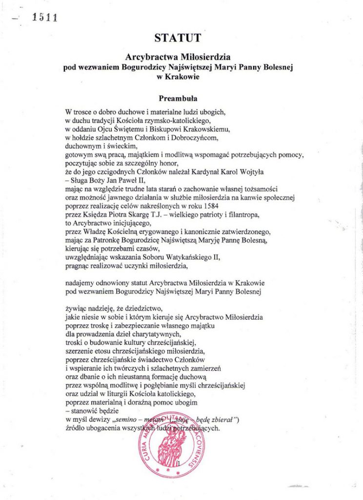 Statut Arcybractwa Miłosierdzia z 2009 r., zatwierdzony przez kard. Stanisława Dziwisza. Strona pierwsza.