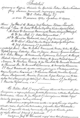 Protokół komisyjnego otwarcia trumienki ze szczątkami ks. Piotra Skargi z 1912 r. Archiwum Państwowe w Krakowie.